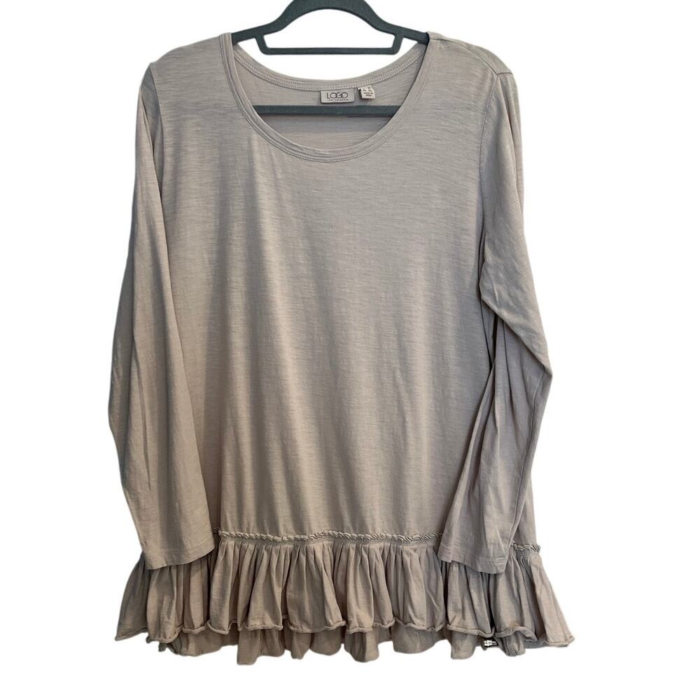 LOGO by Lori Goldstein Gray Ruffle Hem Blouse